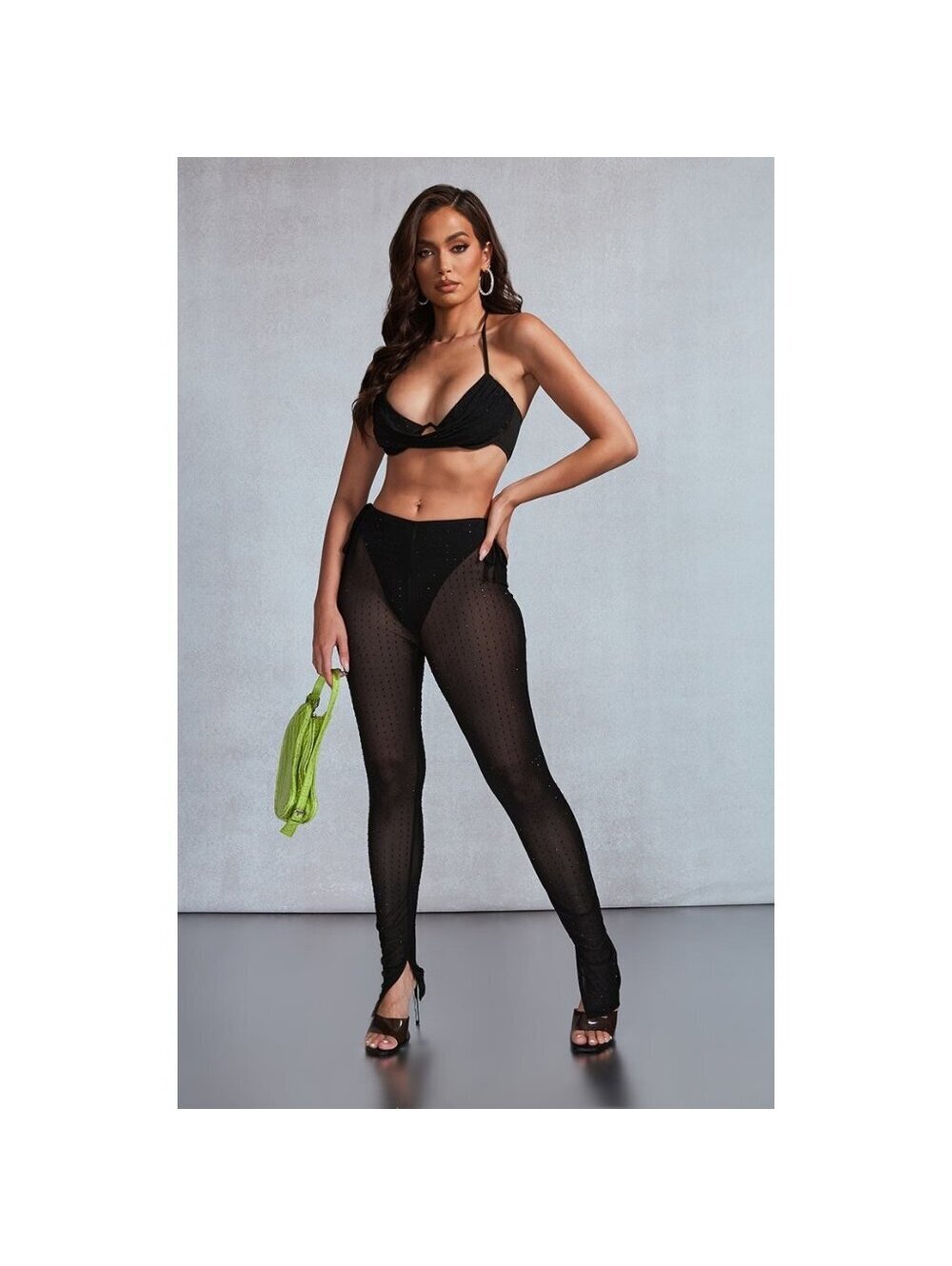 Black Sheer Glitter Studded Split Hem Skinny Flared Pants   Size: 6   Colour: Bl